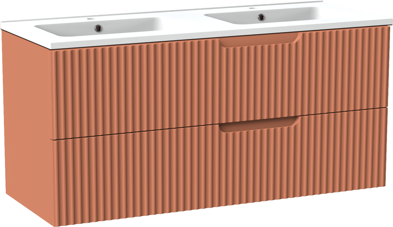 Linie Ribbo hängendes Möbelstück Set: 120 x 46 cm, Cotto, mit Vano Doppelwaschtisch, Marmorkomposit, Weiß matt, Vertikale symmetrische runde Rippe, Montro Spiegelschrank und Ribbo Badhochschrank