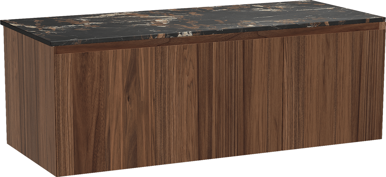 Balmani Idra zwevend badmeubel 135 x 55 cm notenhout met Stretto enkel of dubbel wastafelblad in marmer portoro gold