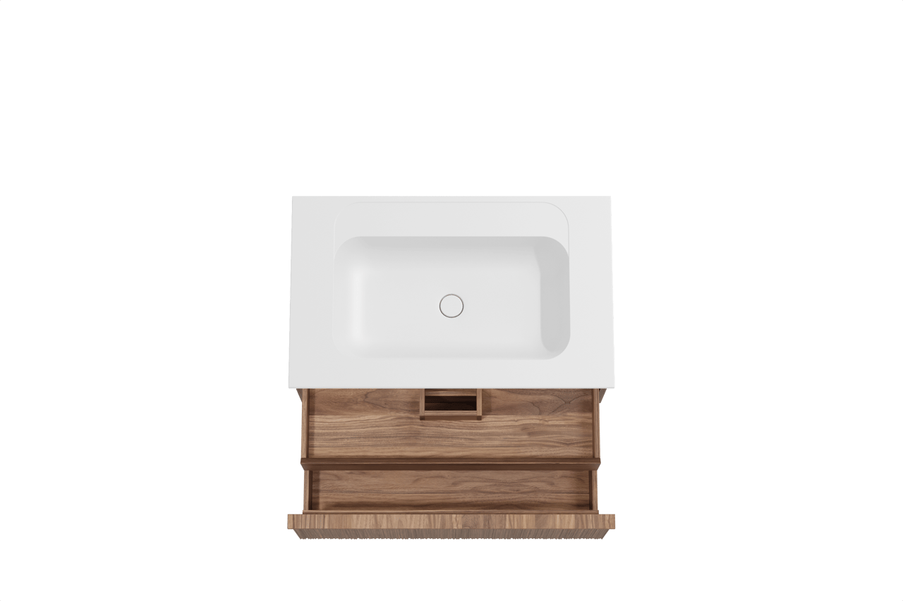 Balmani Forma hängendes Möbelstück Set: 90 x 55 cm, Amerikanischer Nussbaum, mit Tablo Strada Einzelwaschtisch, Marmorkomposit, Weiß matt, Vertikale asymmetrische Runde Rippe