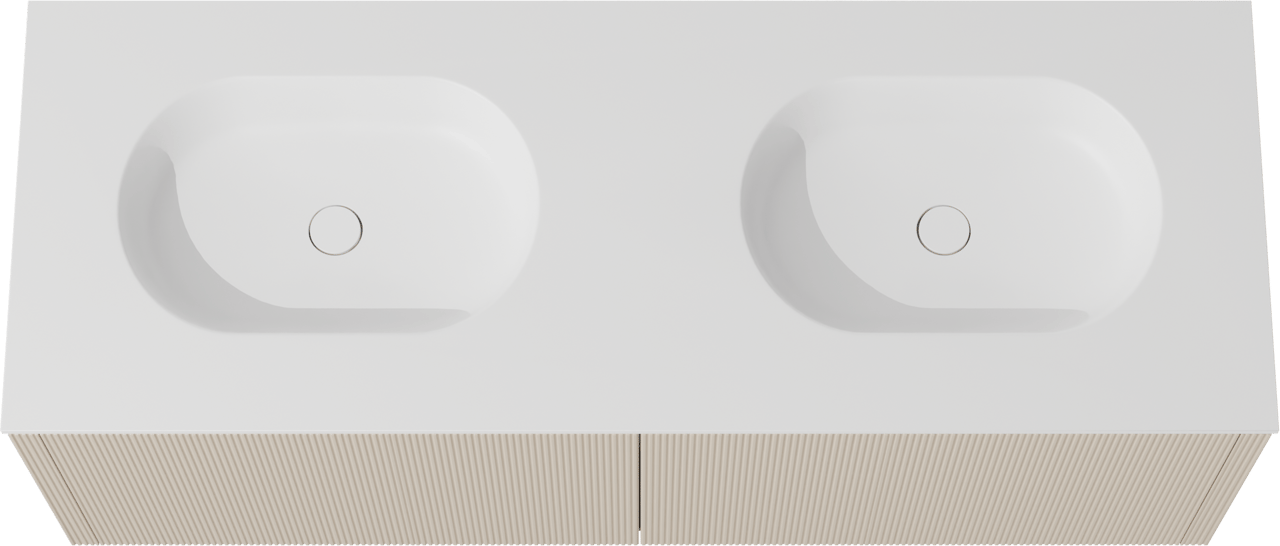Balmani Eclips meuble salle de bains suspendu 150 x 55 cm Sandbeige avec Tablo Oval double vasque en Solid Surface blanc mat, Nervure droite symétrique verticale