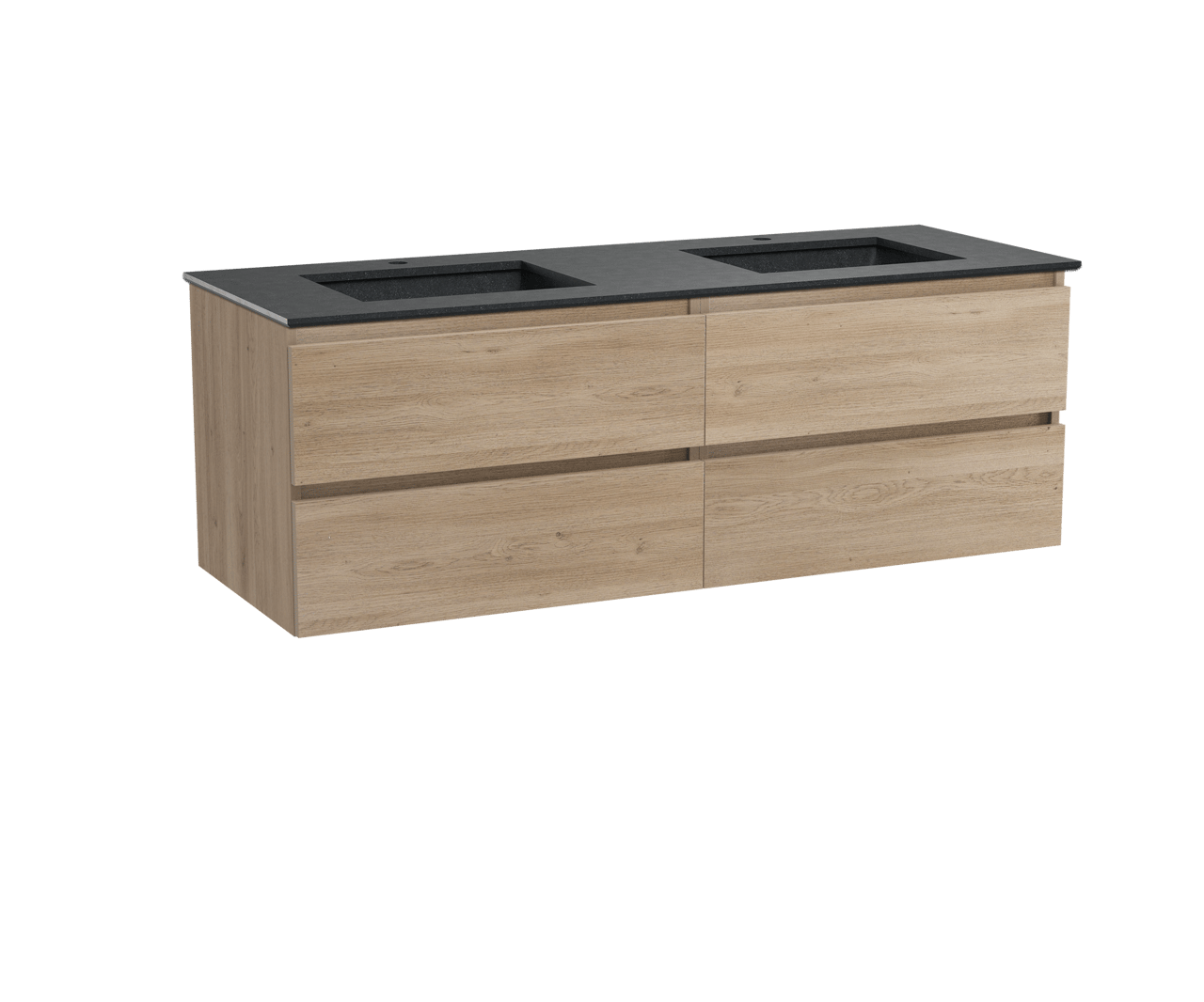 Balmani Lucida zwevend badkamermeubel 150 x 55 cm verweerde eik met Tablo Facetta dubbele wastafel in verzoete graniet