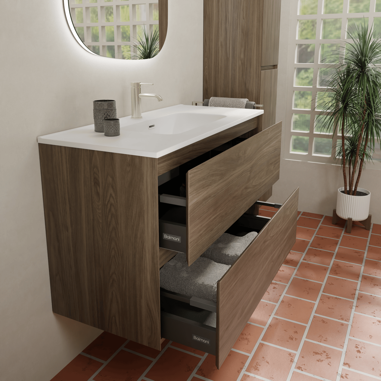 Balmani Mitra Compact hängendes Möbelstück Set: 100 x 46 cm, Amerikanischer Nussbaum, mit Nostra Einzelwaschtisch Keramik Weiβ matt