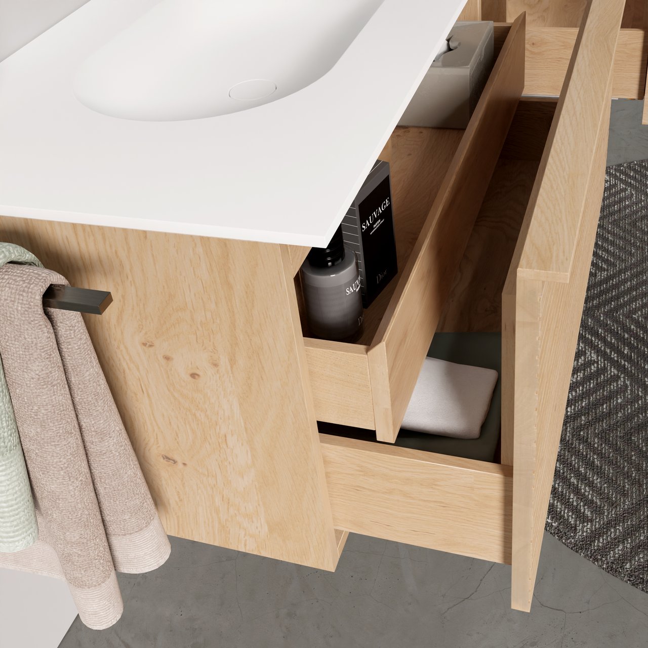 Balmani Forma zwevend badkamermeubel 120 x 55 cm natuur eik met Tablo Oval asymmetrisch rechtse wastafel in solid surface mat wit, Horizontale symmetrische rechte ribbel