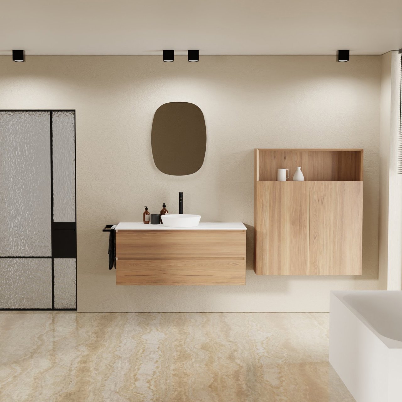 Balmani Mitra zwevend badkamermeubel 120 x 55 cm teak met Stretto enkel of dubbel tablet in solid surface mat wit