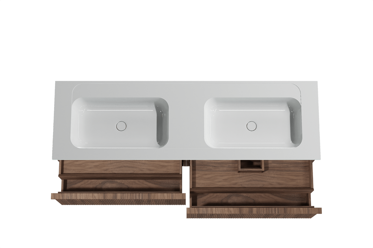 Balmani Forma hängendes Möbelstück Set: 180 x 55 cm, Amerikanischer Nussbaum, mit Tablo Strada Doppelwaschtisch, Marmorkomposit, Weiß glänzend, Vertikale symmetrische gerade Rippe