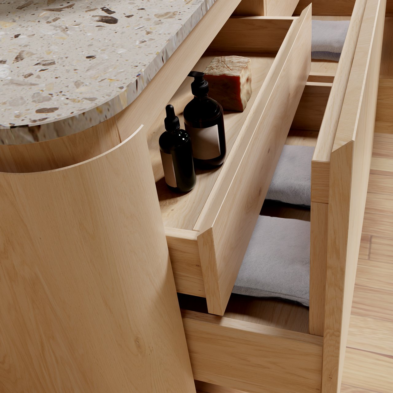 Balmani Moon zwevend badkamermeubel 130 x 55 cm natuur eik met Moon enkel of dubbel tablet in terrazzo greige terrazzo