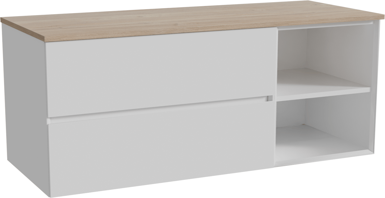 Storke Edge zwevend badkamermeubel 130 x 52 cm glanzend wit met Panton enkel of dubbel tablet in melamine ruwe eik