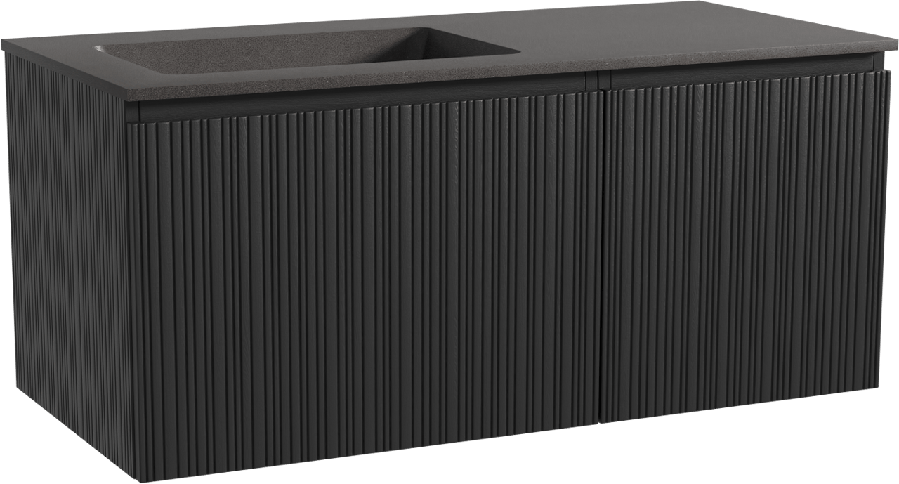 Storke Ribs meuble salle de bains suspendu 110 x 52 cm chêne noir avec Scuro plan vasque asymétrique à gauche en quartz noir mat, Nervure droite asymétrique verticale