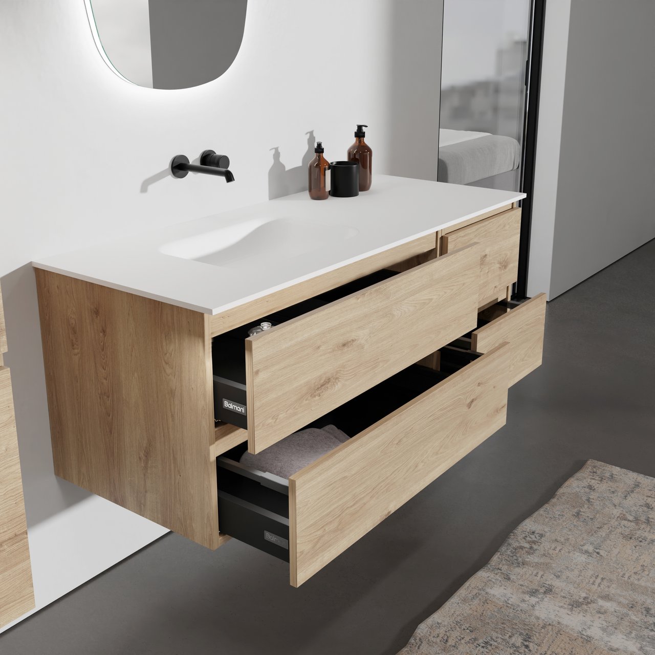 Balmani Lucida hängendes Möbelstück Set: 135 x 55 cm, Rohe Eiche, mit Tablo Arcato Waschtisch links, Solid Surface Weiß matt