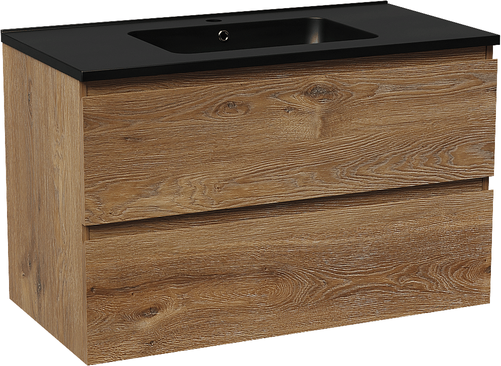 Linie Lado zwevend badkamermeubel 90 x 46 cm bruine eik met Vano enkele wastafel in composietmarmer mat zwart