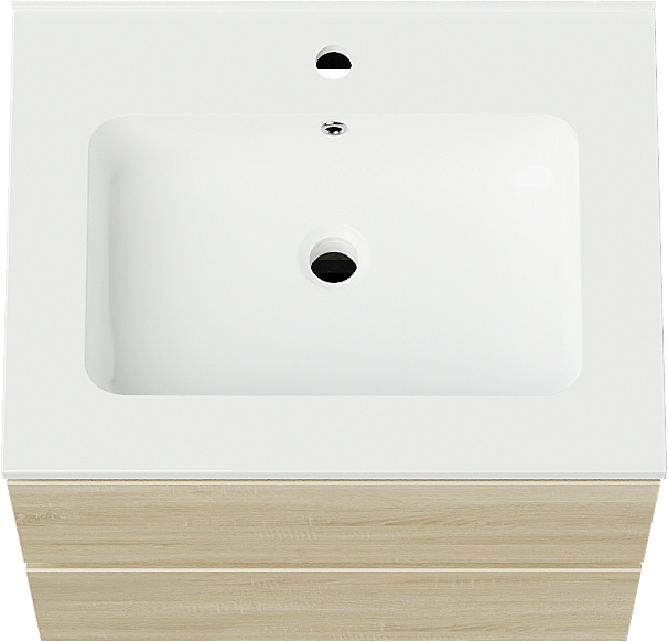 Linie Lado zwevend badmeubel 60 x 46 cm wit eiken met Vano enkele wastafel in composietmarmer hoogglans wit