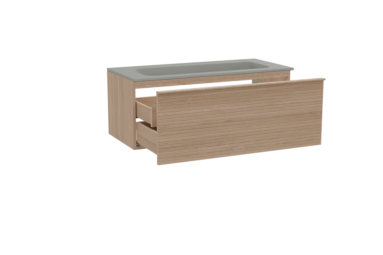 Balmani Forma zwevend badkamermeubel 120 x 55 cm natuur eik met Tablo Strada enkele wastafel voor 2 kraangaten in composietmarmer zijdegrijs, Horizontale symmetrische rechte ribbel