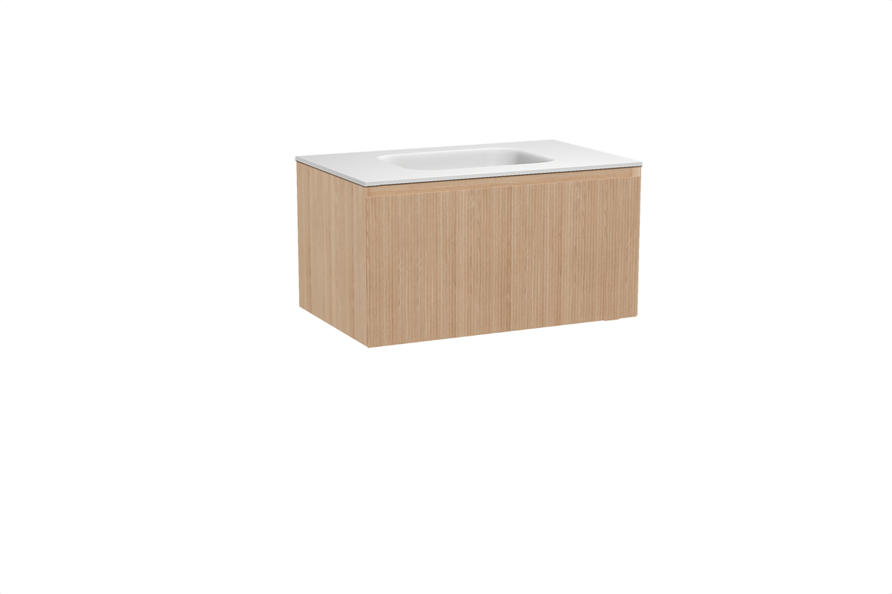 Balmani Fila zwevend badkamermeubel 90 x 55 cm natuur eik met Tablo Arcato enkele wastafel in solid surface mat wit, Verticale symmetrische rechte ribbel