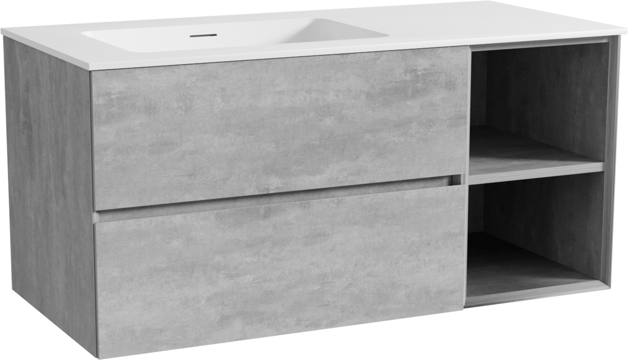 Storke Edge hängendes Möbelstück Set: 110 x 52 cm, Beton dunkelgrau, mit Mata Waschtisch links, Solid Surface Weiß matt