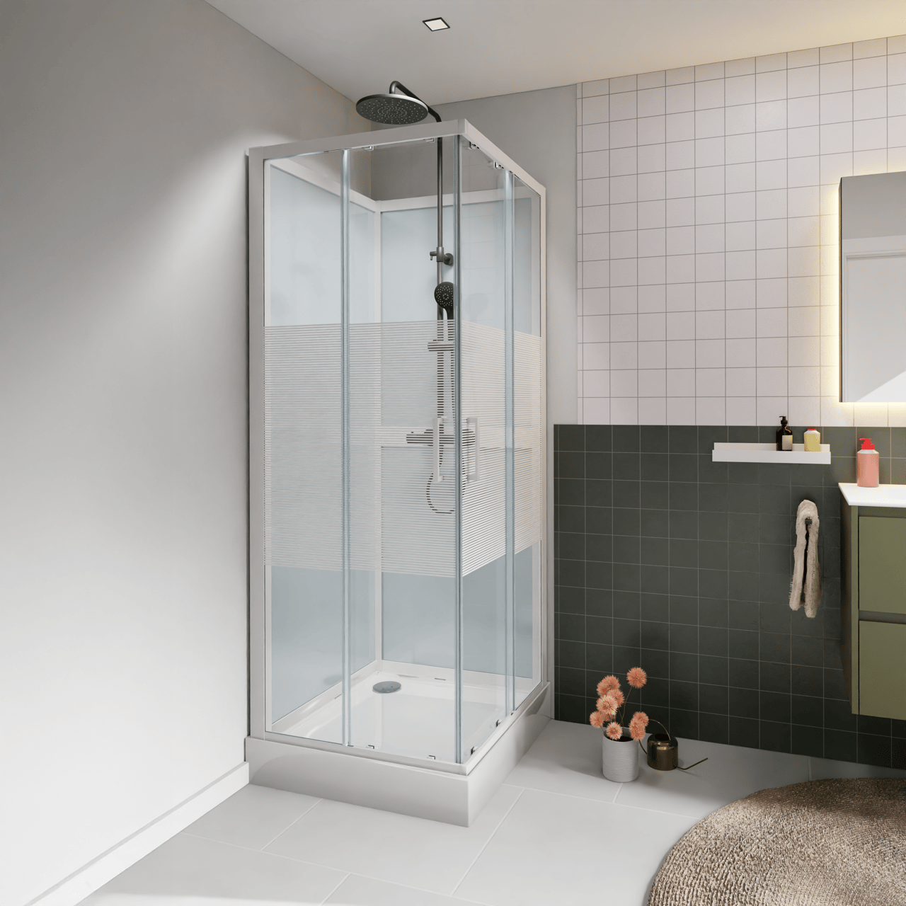 Luca Varess Talan douchecabine met schuifdeuren 80 x 80 cm helder glas met mat gestreepte strook glanzend wit profiel