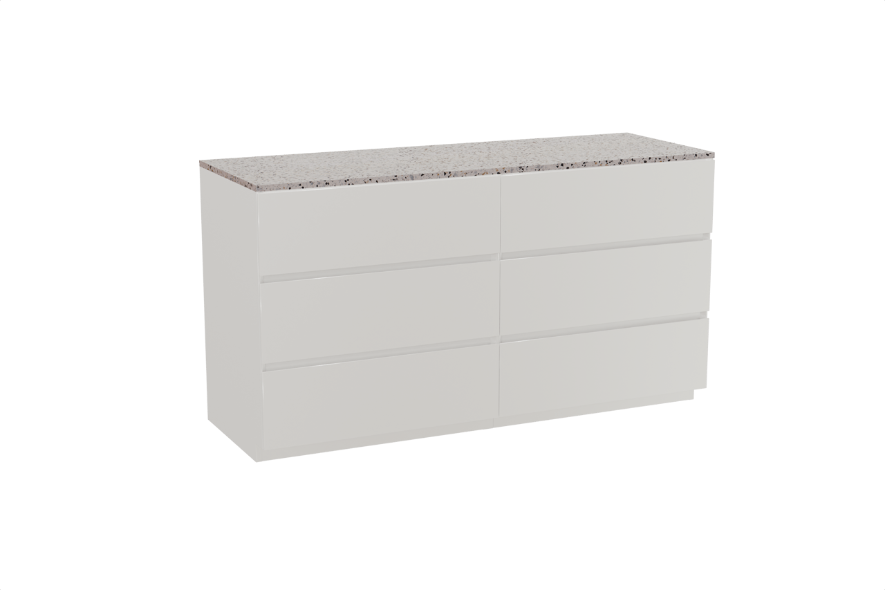 Storke Edge freistehendes Möbelstück Set: 150 x 52 cm, Weiß matt, mit Tavola Einzel- oder Doppel Waschtischplatte, Terrazzo in Weiß/Schwarz matt