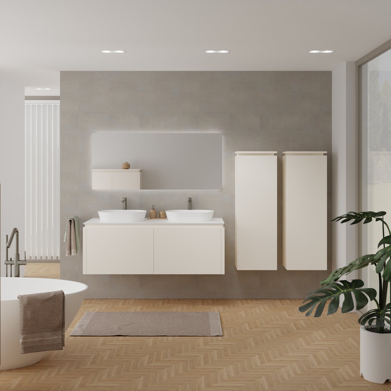 Balmani Eclips zwevend badkamermeubel 150 x 55 cm Sandbeige met Eclips enkel of dubbel tablet in Solid Surface mat wit