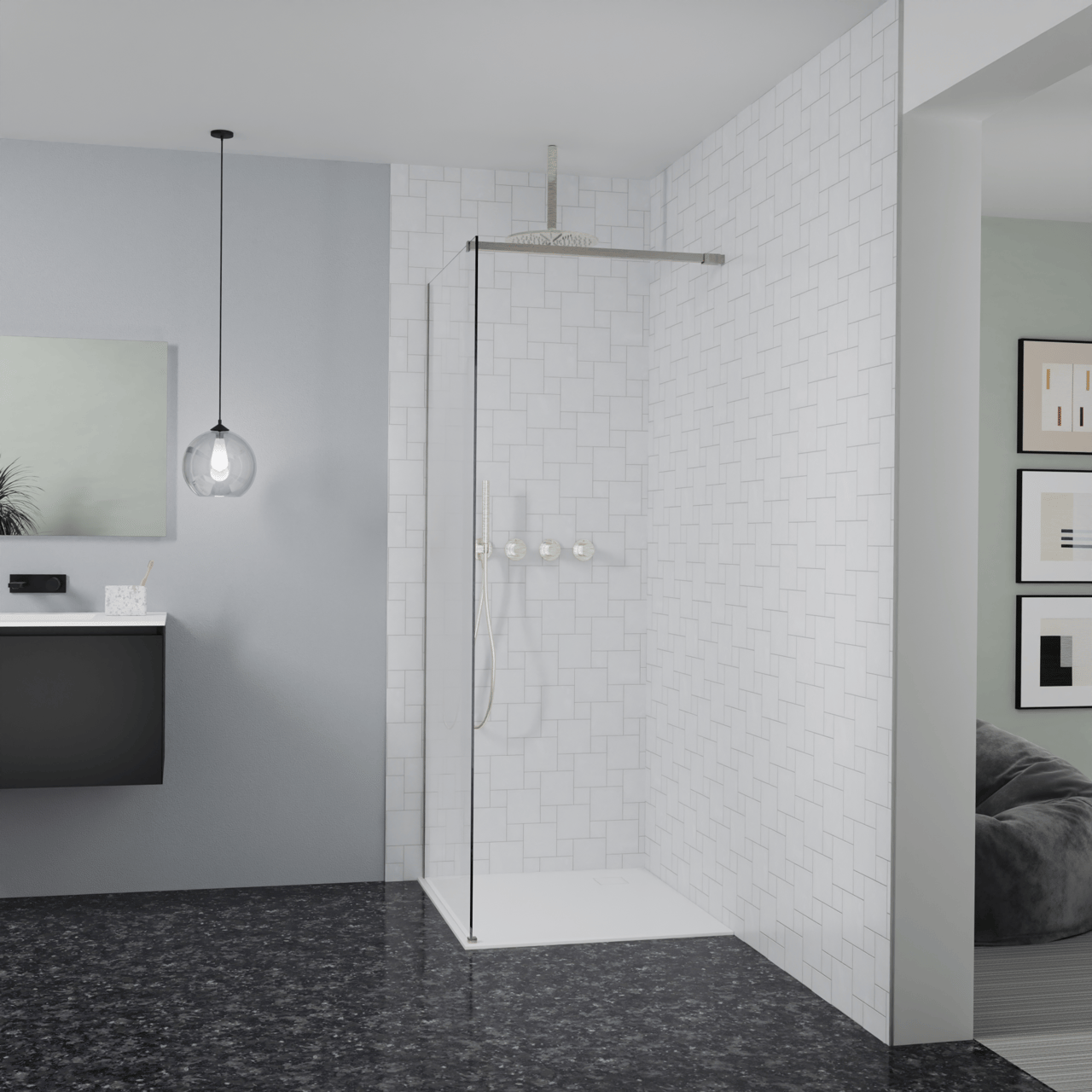 Balmani Modular douche à l'italienne: 90 x 200 cm, Permafrost, avec coating, Profil Brushed CoolMetal