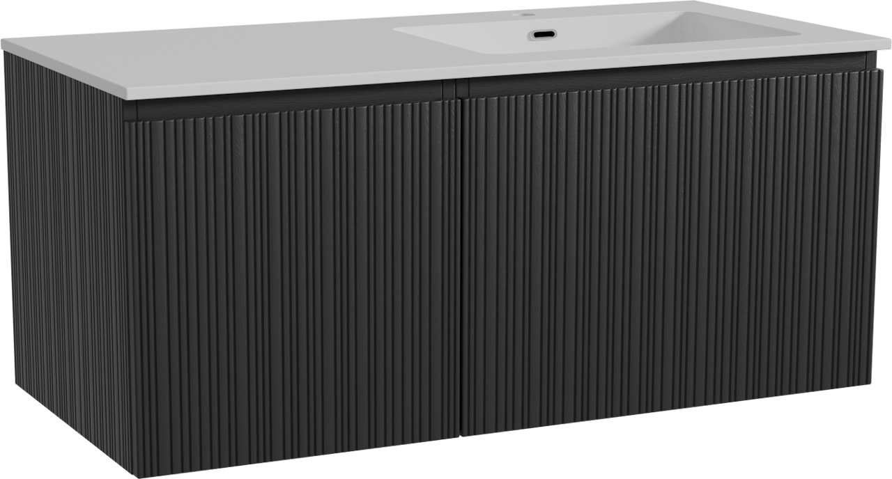 Storke Ribs zwevend badmeubel 110 x 52 cm zwart eiken met Diva asymmetrisch rechtse wastafel in composietmarmer hoogglans wit, Verticale asymmetrische rechte ribbel
