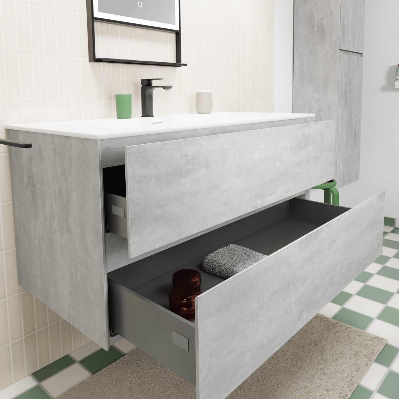 Storke Edge zwevend badkamermeubel 105 x 52 cm beton donkergrijs met Mata enkele wastafel voor 2 kraangaten in solid surface mat wit