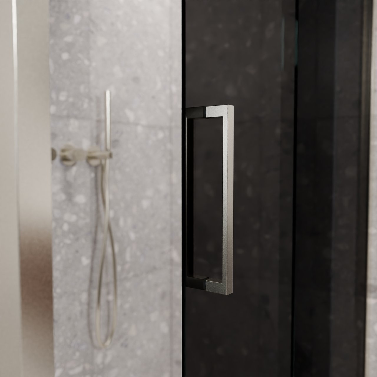 Balmani Senses Design douche d'angle avec porte coulissante à droite et paroi latérale fixe, 140 x 100 cm, Verre fumé, Profil Brushed CoolMetal, coating inclus