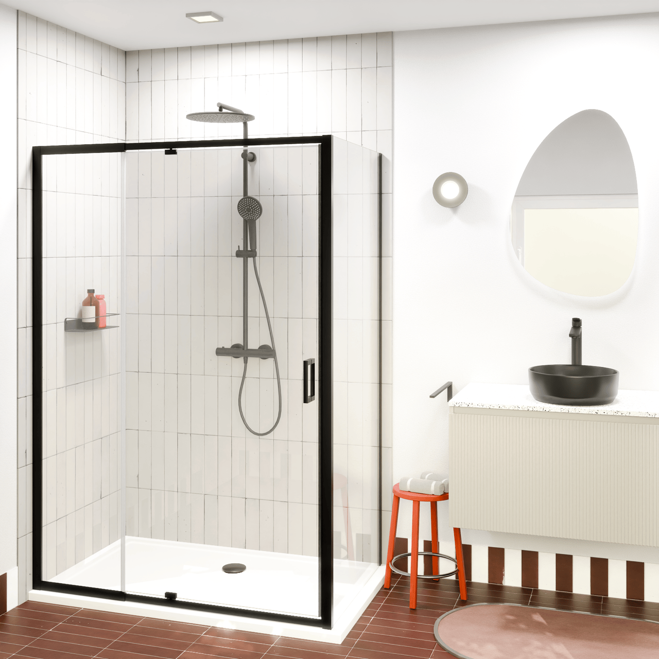 Luca Varess Vidor Telescope paroi d'angle avec porte pivotante et paroi latérale fixe 140 x 80 cm verre transparent profil noir mat