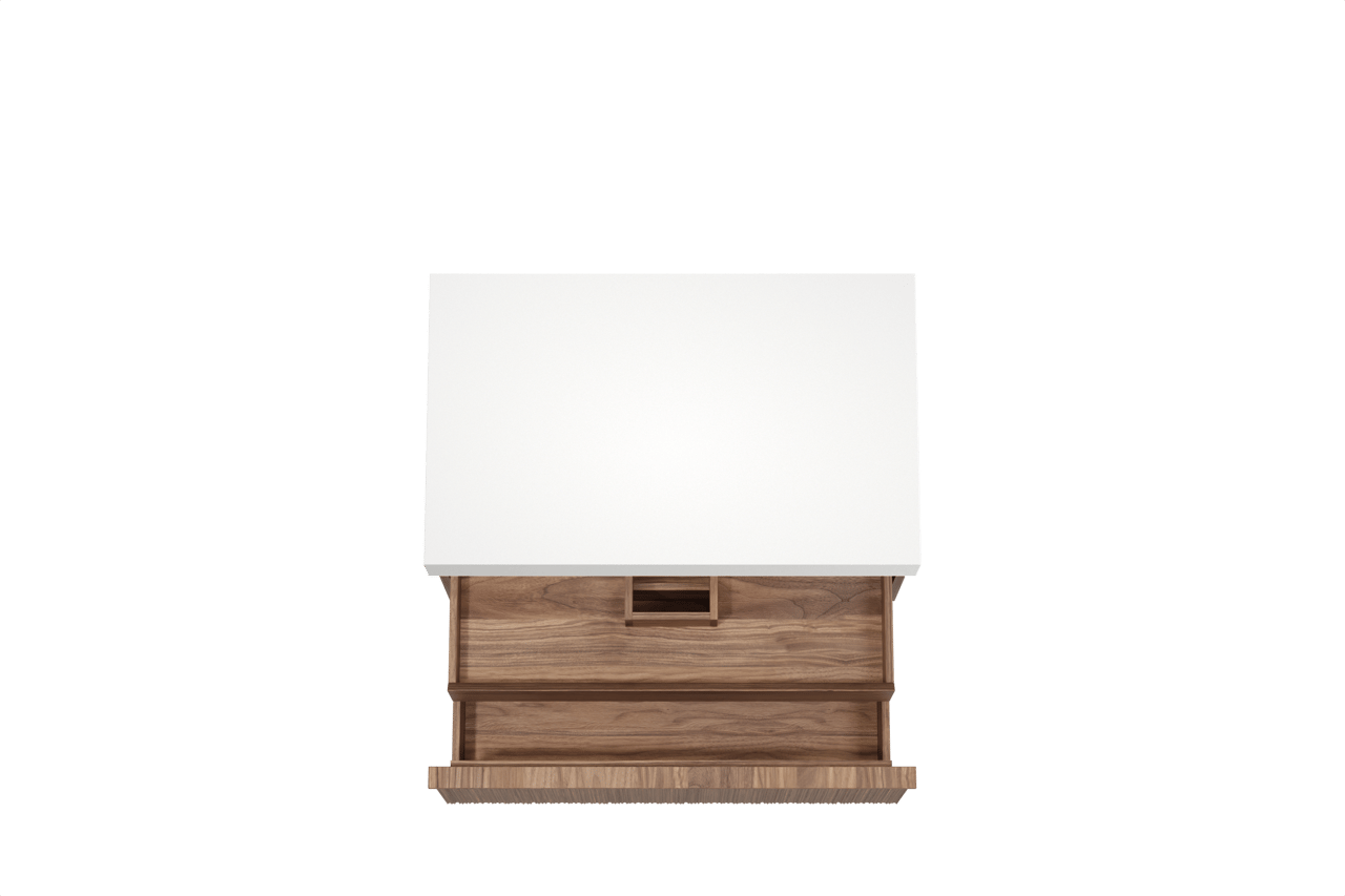 Balmani Forma meuble salle de bains suspendu 90 x 55 cm noyer américain avec Dominus tablette simple en solid surface blanc mat, Nervure circulaire asymétrique verticale