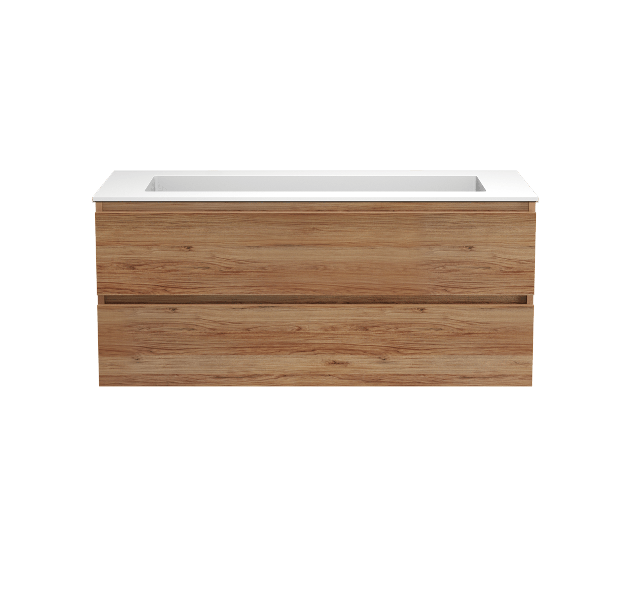 Balmani Lucida zwevend badkamermeubel 120 x 55 cm teak met Tablo Stretto enkele wastafel voor 2 kraangaten in solid surface mat wit