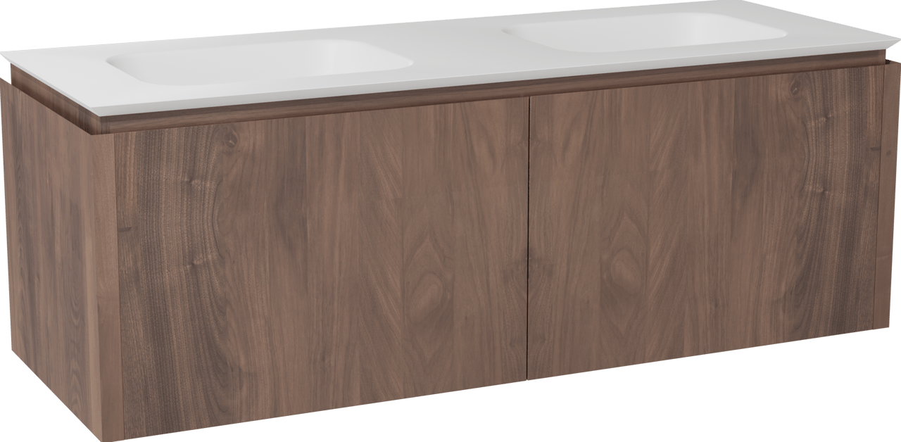 Balmani Eclips meuble salle de bains suspendu 150 x 55 cm Noyer américain avec Eclips double vasque en Solid Surface blanc mat