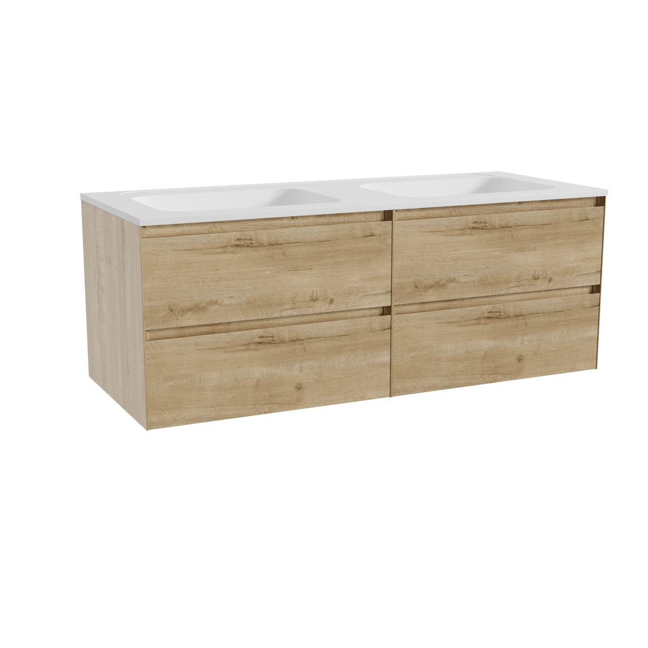 Balmani Mitra hängendes Möbelstück Set: 135 x 55 cm, Rohe Eiche, mit Tablo Strada Doppelwaschtisch, Marmorkomposit Weiß matt