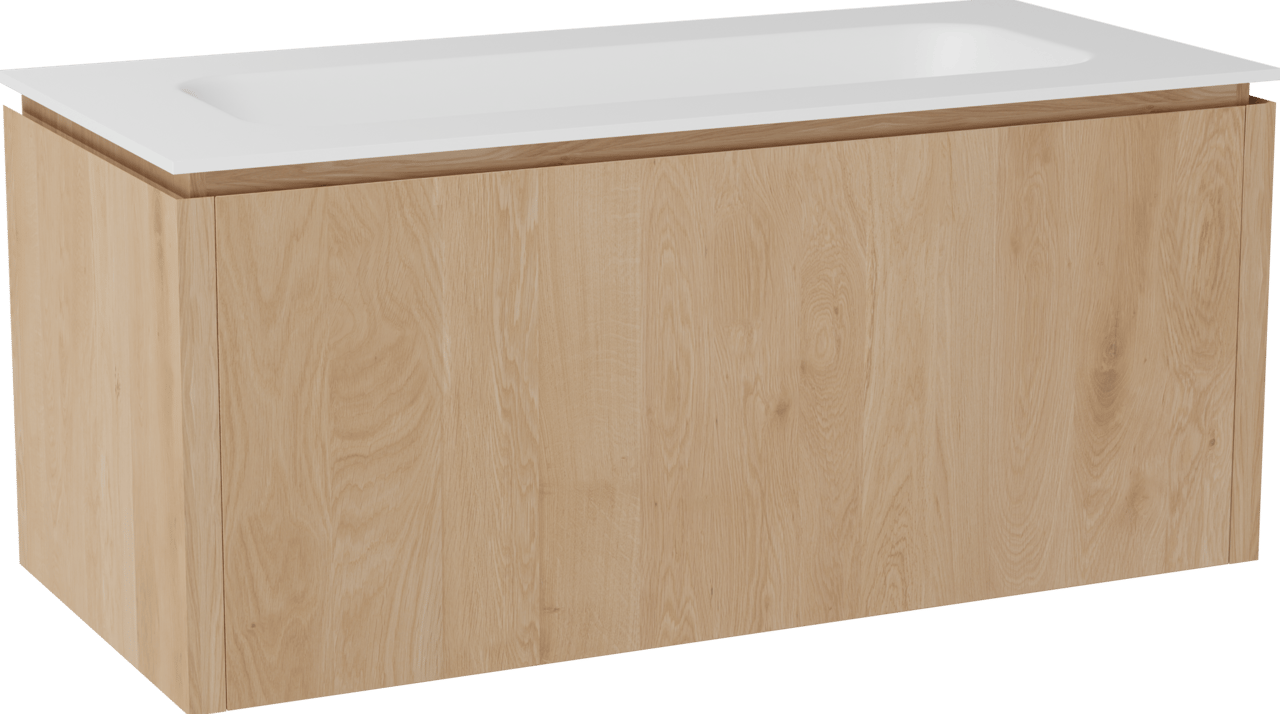 Balmani Eclips meuble salle de bains suspendu 120 x 55 cm Chêne naturelle avec Tablo Arcato lavabo simple pour 2 trous de robinet en Solid Surface blanc mat