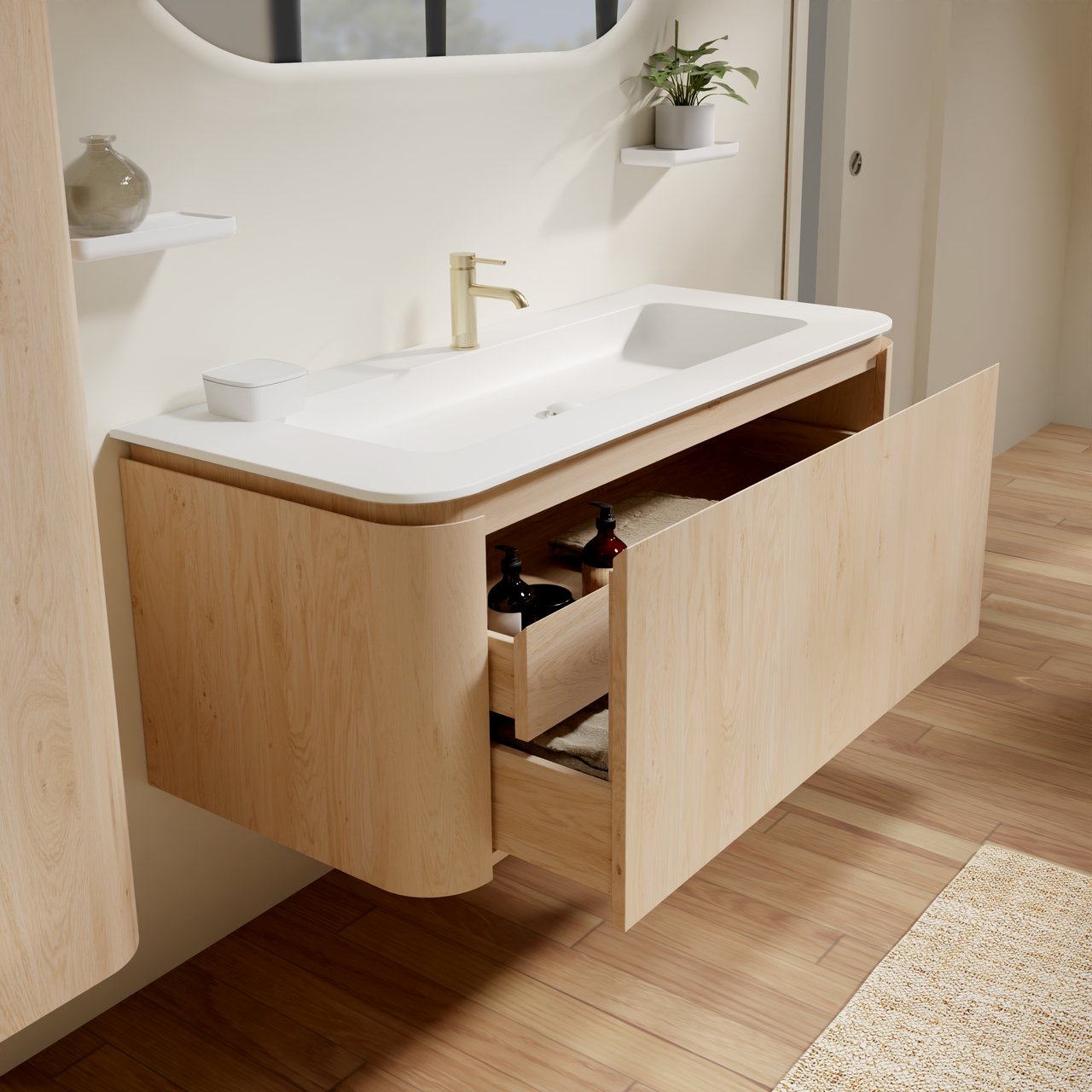 Balmani Moon meuble salle de bains suspendu 130 x 55 cm chêne naturel avec Moon tablette simple ou double en solid surface blanc mat