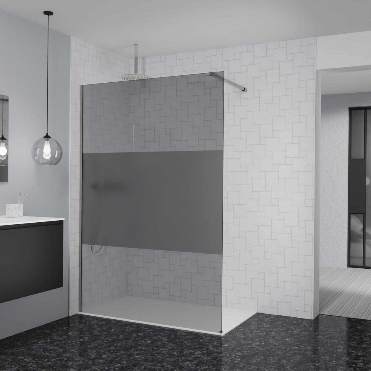 Balmani Modular Walk-In Dusche: 140 x 200 cm, Rauchglas mit mattiertem Streifen, inklusive Coating, Profil Brushed CoolMetal