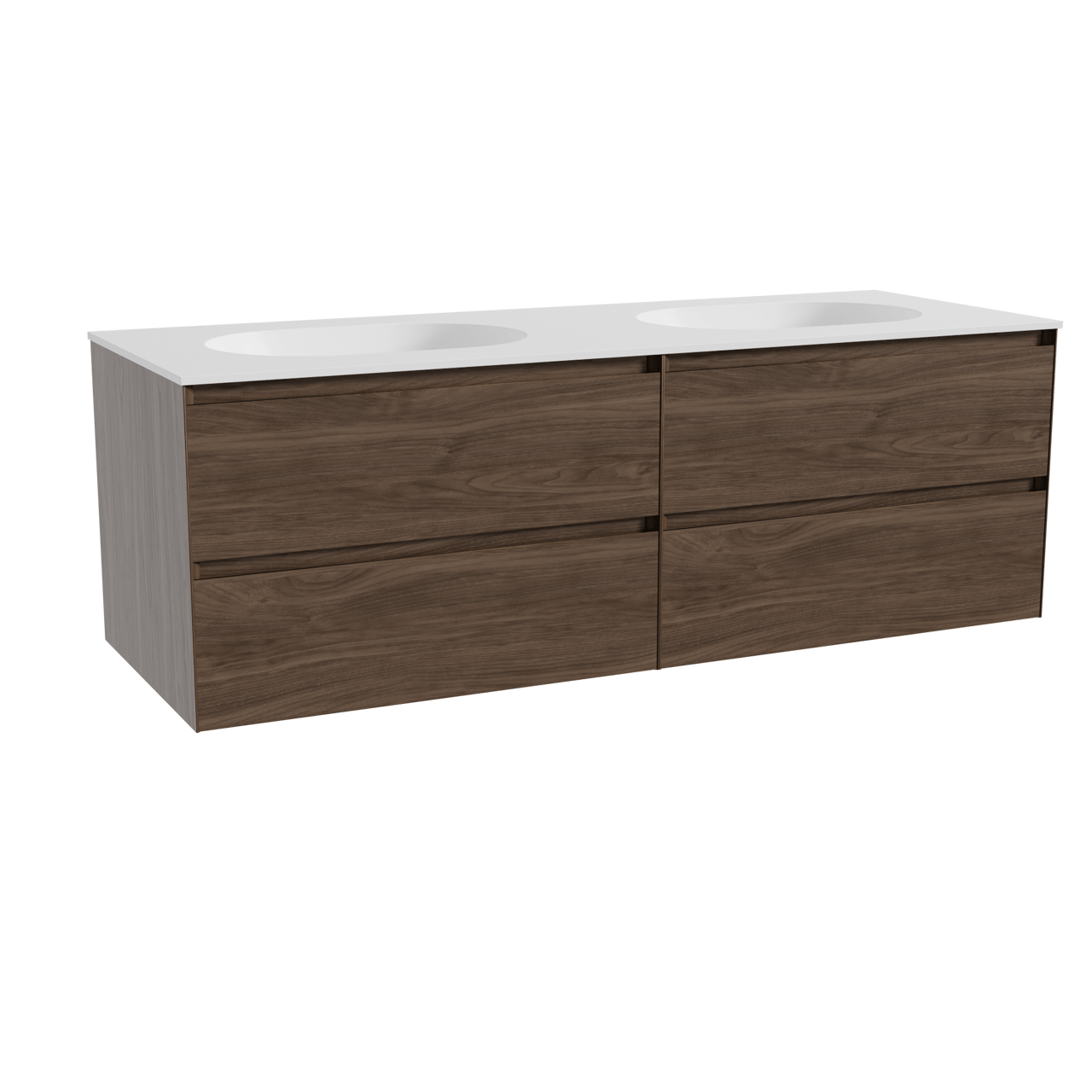 Balmani Mitra zwevend badkamermeubel 150 x 55 cm amerikaanse notelaar met Tablo Oval dubbele wastafel in solid surface mat wit