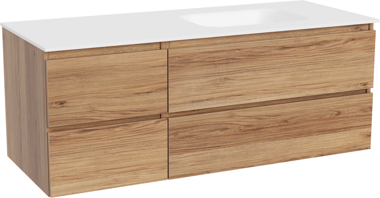 Balmani Lucida zwevend badkamermeubel 135 x 55 cm teak met Tablo Arcato asymmetrisch rechtse wastafel in solid surface mat wit