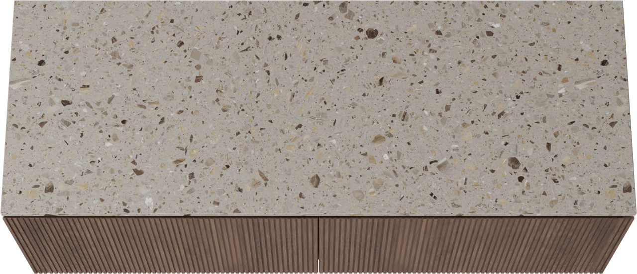 Balmani Eclips zwevend badkamermeubel 150 x 55 cm Amerikaanse notelaar met Stretto enkel of dubbel tablet in Greige terrazzo, Verticale symmetrische rechte ribbel