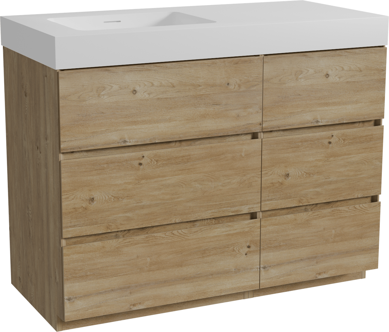 Storke Edge meuble salle de bains à poser 110 x 52 cm chêne brut avec Mata High plan vasque asymétrique à gauche en solid surface blanc mat