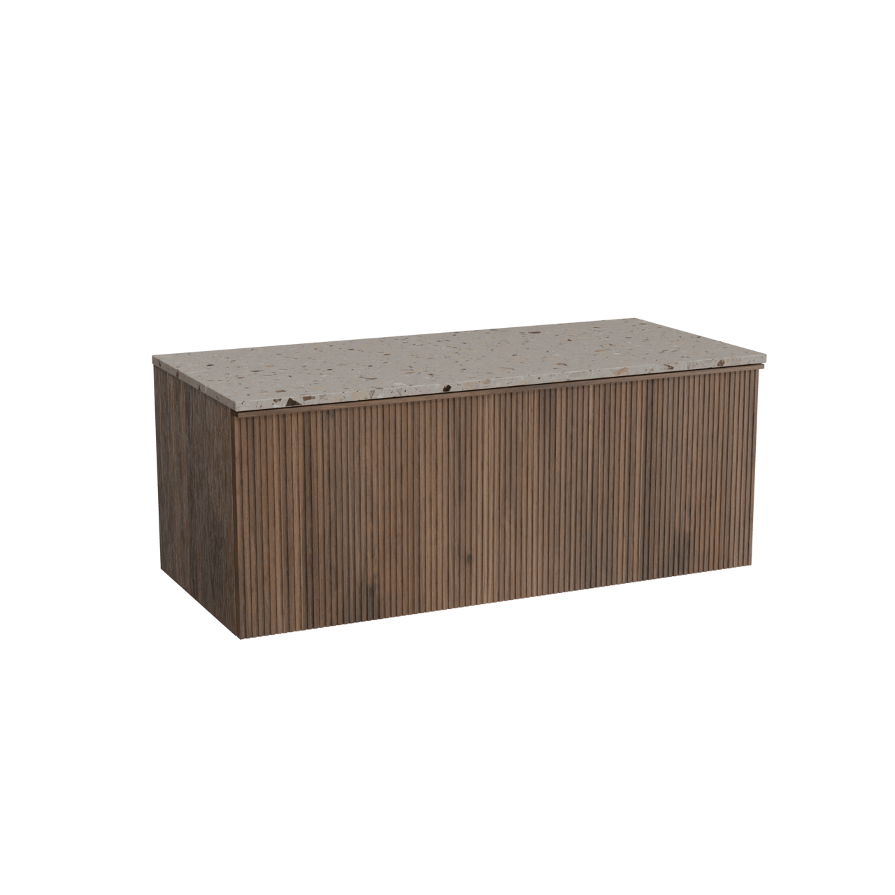 Balmani Forma zwevend badkamermeubel 120 x 55 cm amerikaanse notelaar met Stretto enkel of dubbel tablet in terrazzo greige terrazzo, Verticale symmetrische rechte ribbel