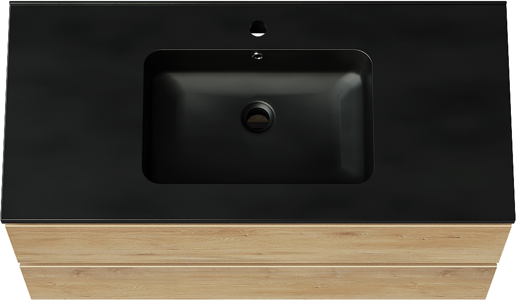 Linie Lado hängendes Möbelstück Set: 100 x 46 cm, Naturbelassene Eiche, mit Vano Einzelwaschtisch, Marmorkomposit Schwarz matt