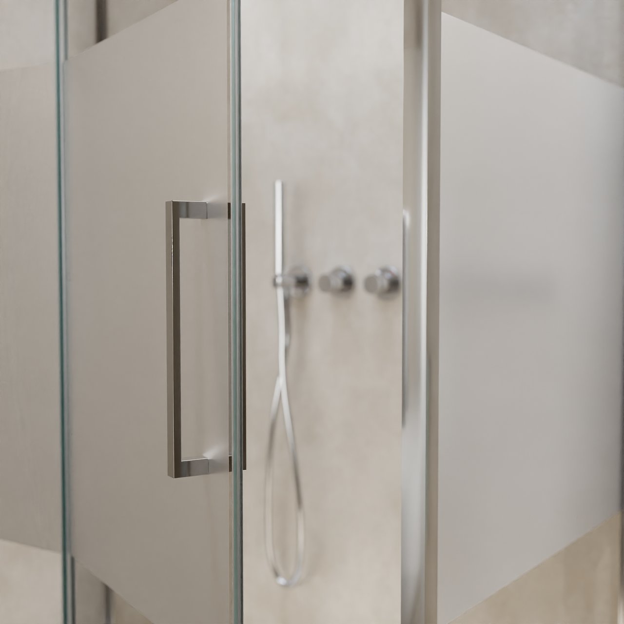 Balmani Senses Design douche en coin avec porte pivotante à gauche et paroi latérale fixe, 100 x 100 cm, Verre transparent avec bande matte, Profil chrome, coating inclus