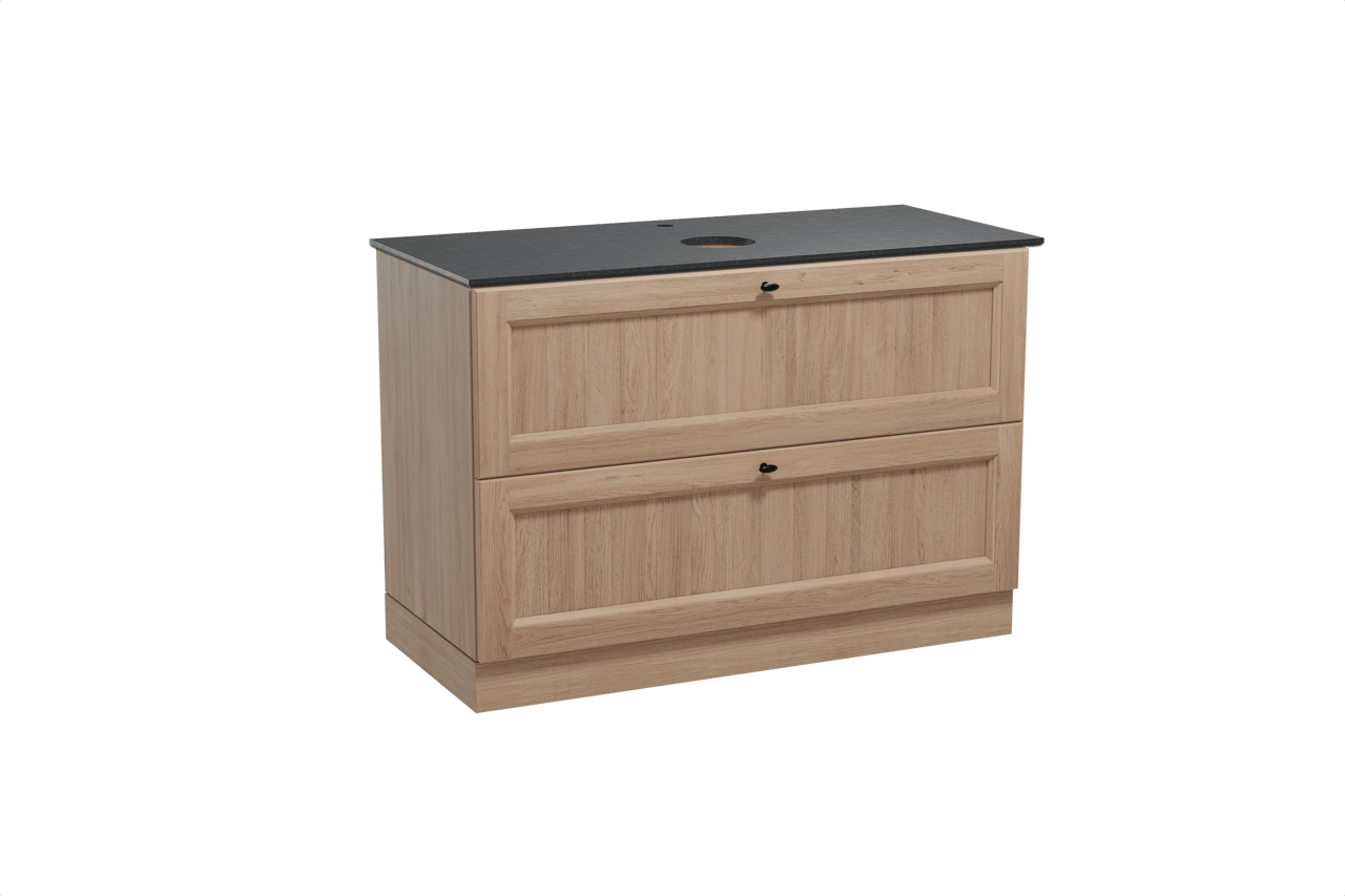 Balmani Lemon freistehendes Möbelstück Set: 120 x 55 cm, Verwitterte Eiche, mit Facetta Einzel Waschtischplatte, Schwarzes Granit