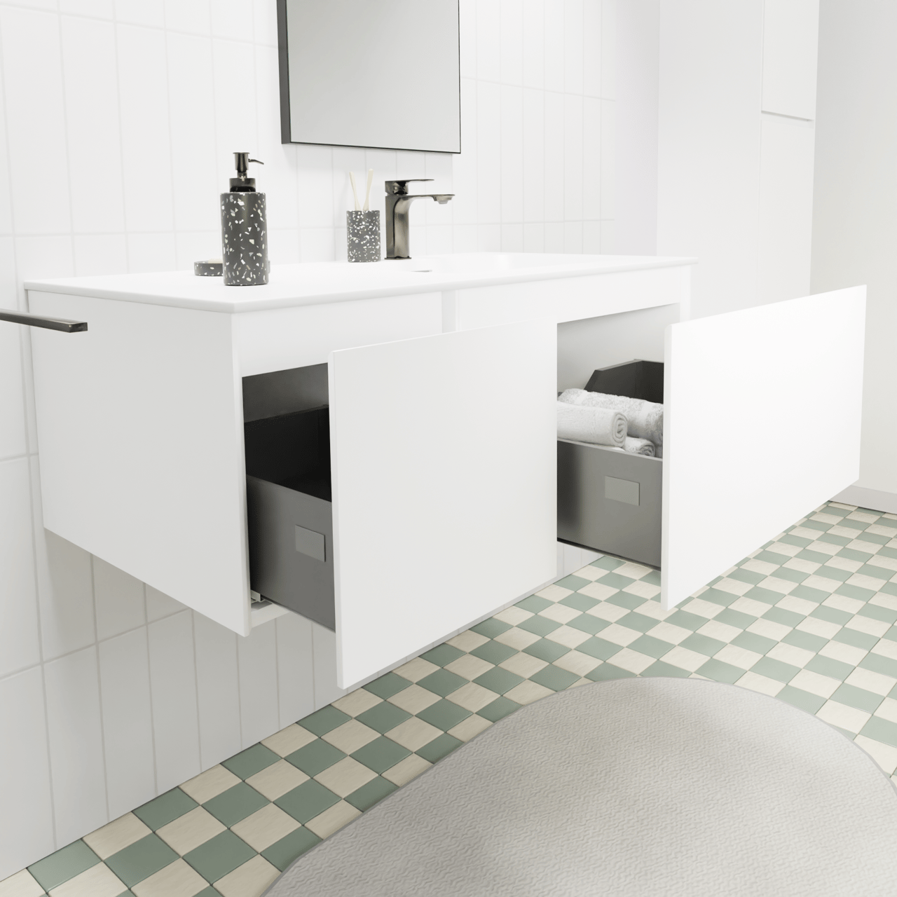 Storke Edge zwevend badkamermeubel 100 x 52 cm mat wit met Mata asymmetrisch rechtse wastafel in solid surface mat wit