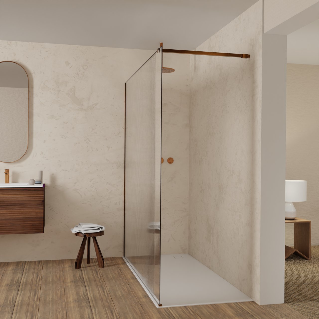 Balmani Modular Walk-In Dusche: 180 x 200 cm, Ribs, inklusive Coating, Profil Brushed Rosegold