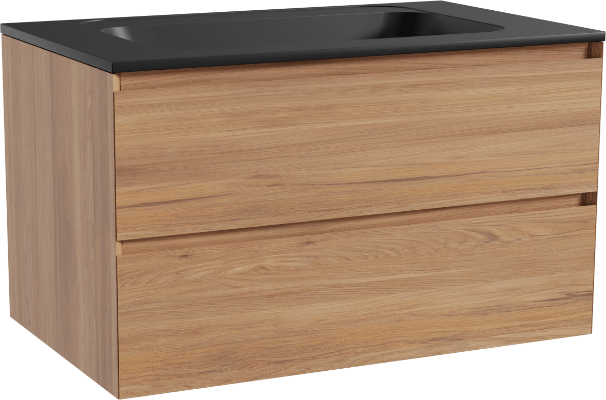 Balmani Mitra meuble salle de bains suspendu 90 x 55 cm teck avec Tablo Strada plan simple en marbre composite noir mat