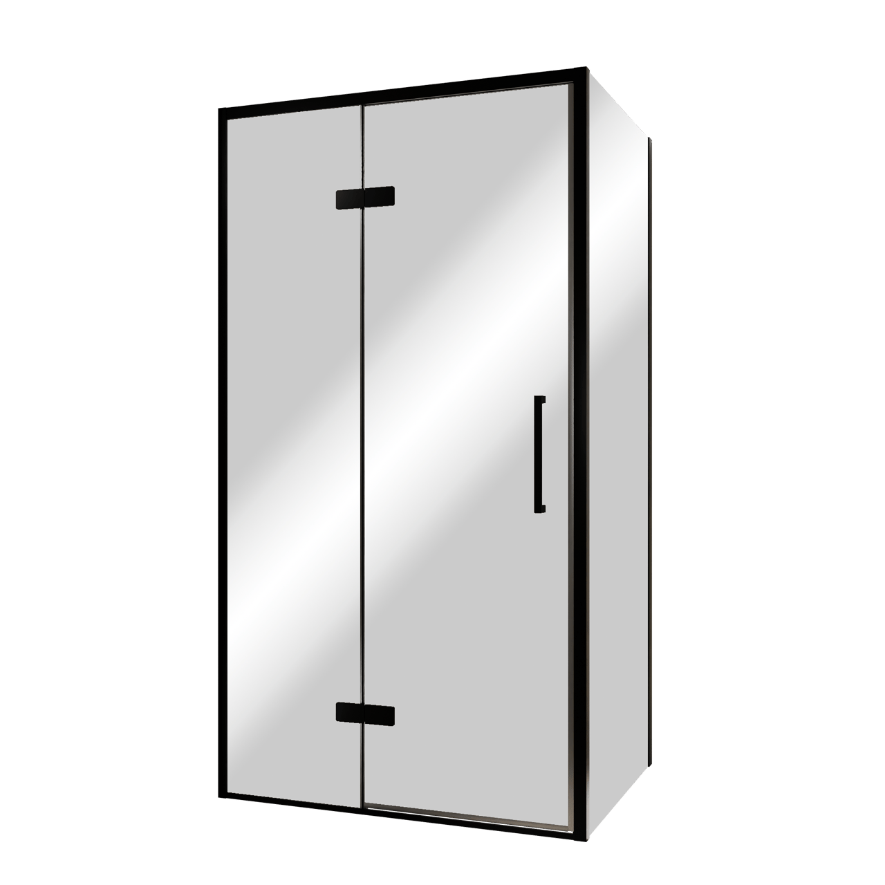 Balmani Senses Design douche en coin avec porte pivotante à gauche et paroi latérale fixe, 100 x 100 cm, Miroir Reflex, Profil noir, coating inclus, coating inclus