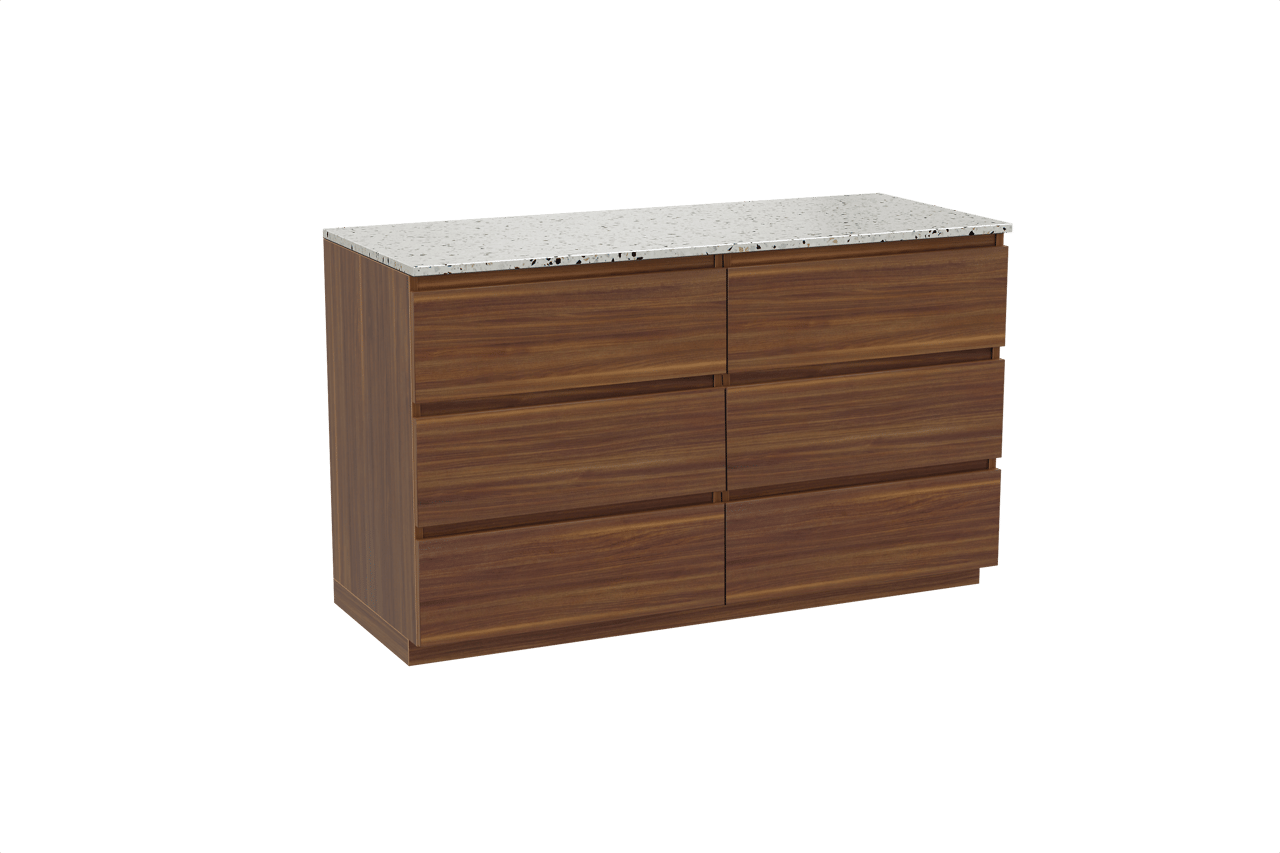 Balmani Lucida meuble salle de bains à poser 135 x 55 cm noyer américain avec Stretto tablette simple ou double en blanc/noir mat terrazzo