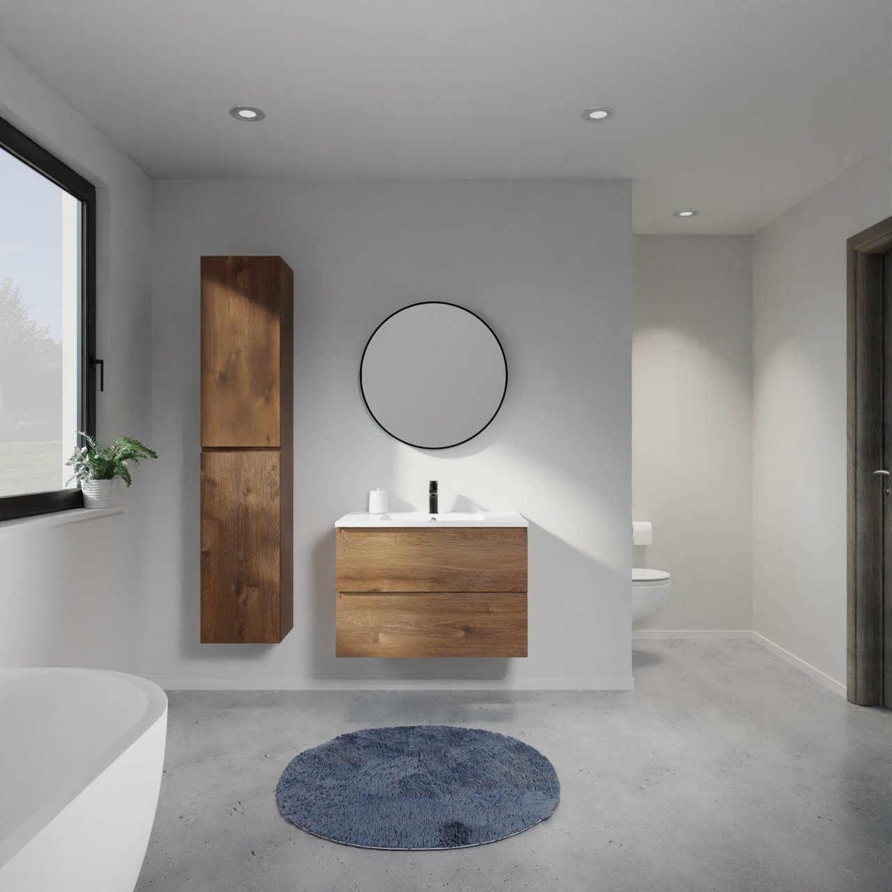 Linie Lado meuble salle de bains suspendu 80 x 46 cm chêne brun avec Vano plan simple en marbre composite blanc brillant