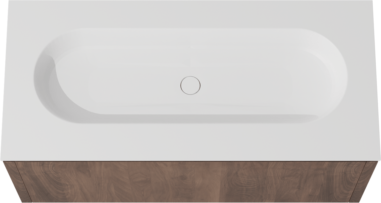 Balmani Eclips hängendes Möbelstück Set: 120 x 55 cm, Amerikanischer Nussbaum, mit Tablo Oval Einzelwaschtisch mit 2 Bohrungen Solid Surface Weiβ matt