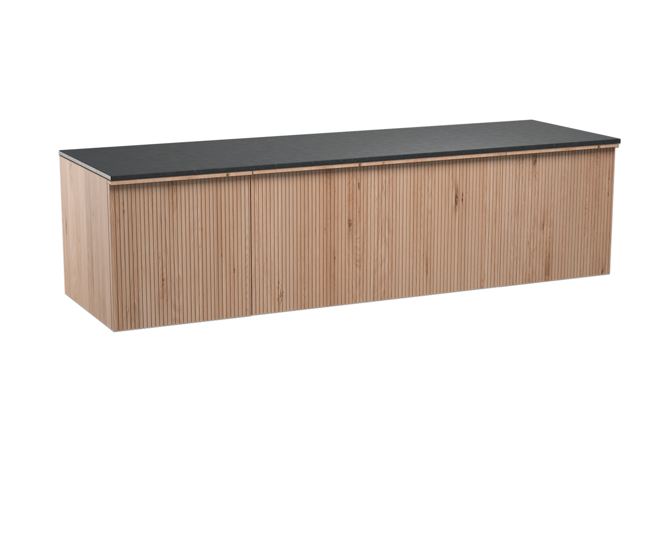 Balmani Forma zwevend badmeubel 180 x 55 cm naturel eiken met Stretto enkel of dubbel wastafelblad in zwart graniet, Verticale symmetrische rechte ribbel
