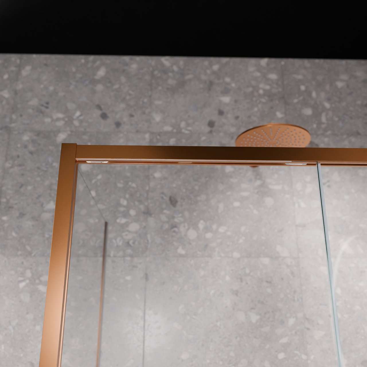 Balmani Senses Design douche en coin avec porte coulissante à droite et paroi latérale fixe, 140 x 70 cm, Verre transparent, Profil Brushed Rosegold